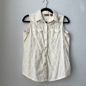 Wrangler Cream Front Pockets Pearl Snap Eyelet Sleeveless Collared Blouse Size M